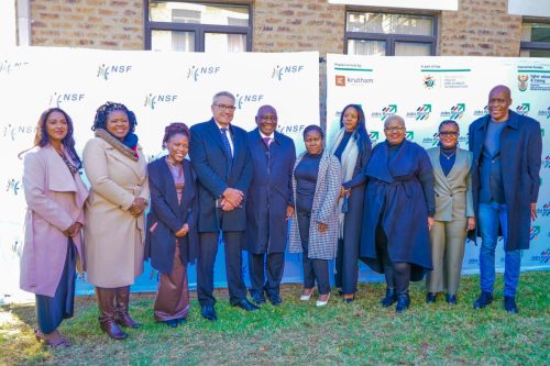 President Cyril Ramaphosa with senior leadership from DHET, NSF, NSFAS, Krutham, and FPD. 