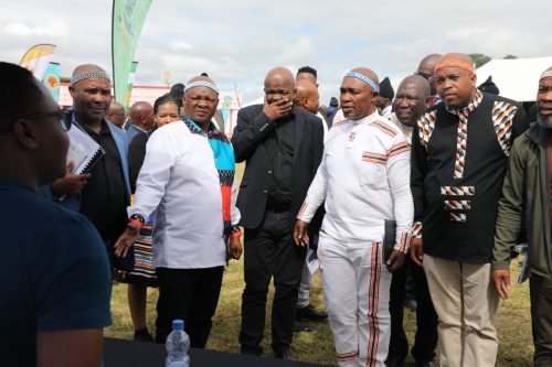 King Ahlangane Vulikhaya Sigcawu alongside Adv/Nkosi Mwelo Nonkonyane and Deputy Minister of Communication Mondli Gungubele 