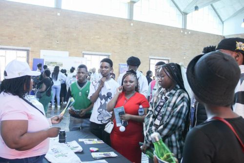 NSF Official, Cynthia Modiba interacts with learners and students at the exhibition stall.