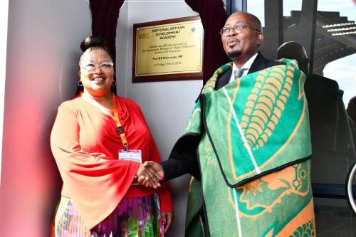 Motheo Tvet College Principal Prof Dipiloane Phutsisi and DHET Director General Dr Nkosinathi Sishi at the official opening of the National Artisan Development Academy.