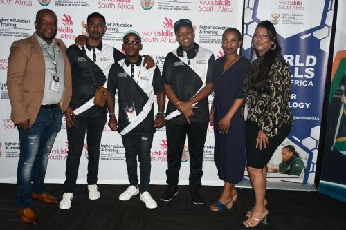 NSF World Skills Competitions Kwa-Zulu Natal 4 February 2024 Jabulani Ntsingila, Dhanphath Shamir, Samkelo Laqhesha, Sibulelo Mbhele, Khanyisa Ngewu, Melissa Erra_Durban ICC at the closing ceremony